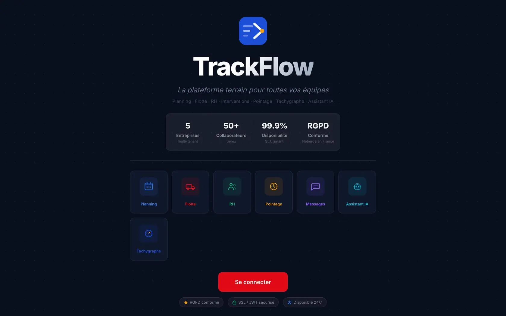 Page d'accueil de la plateforme TrackFlow, gestion d'équipes terrain