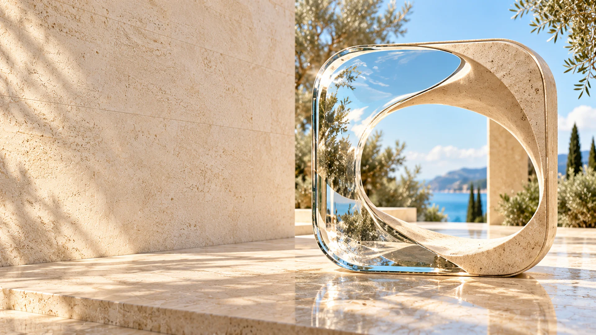 Le symbole de Junovatech : un portail de pierre claire et de verre, ouvert sur la Méditerranée