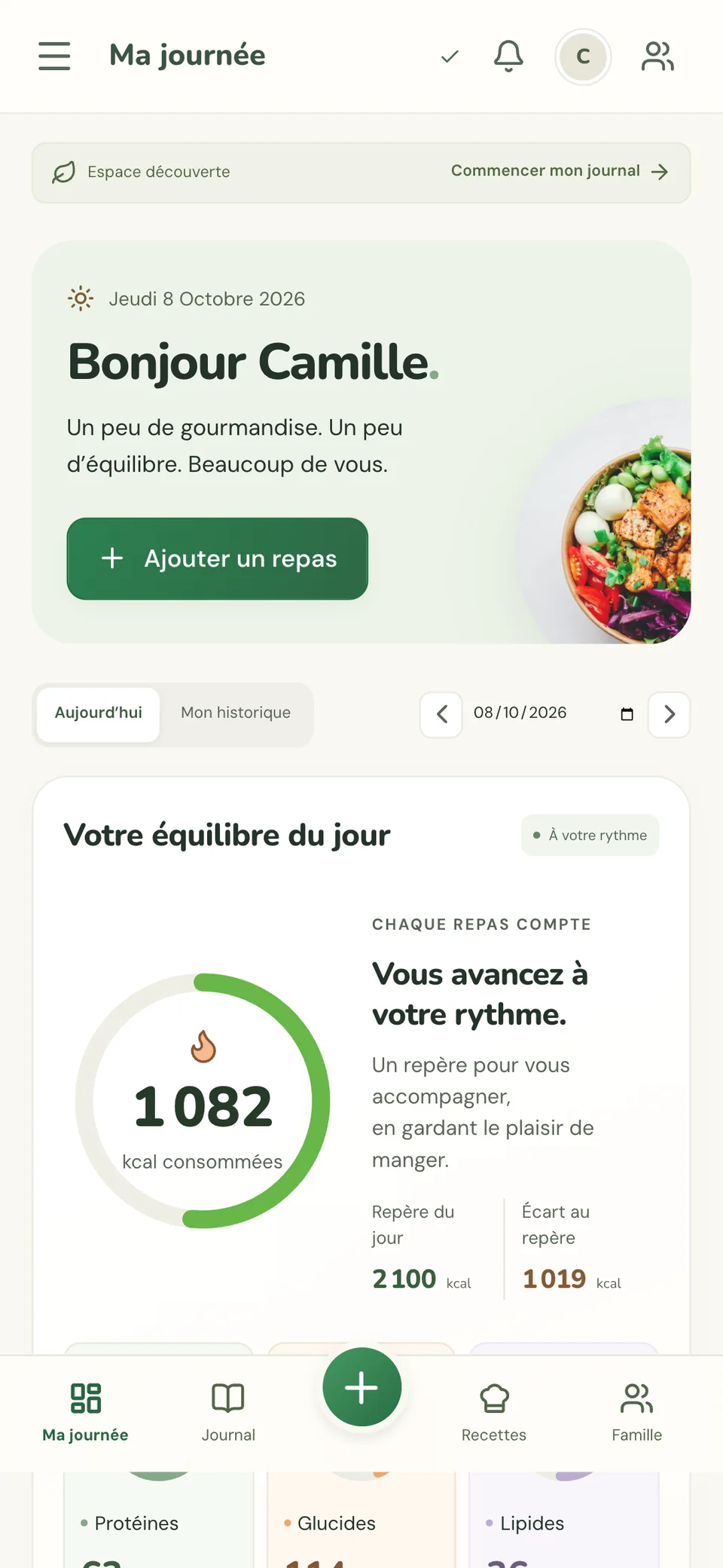 Croque & Compte : la journée, avec les calories et les trois jauges de nutriments