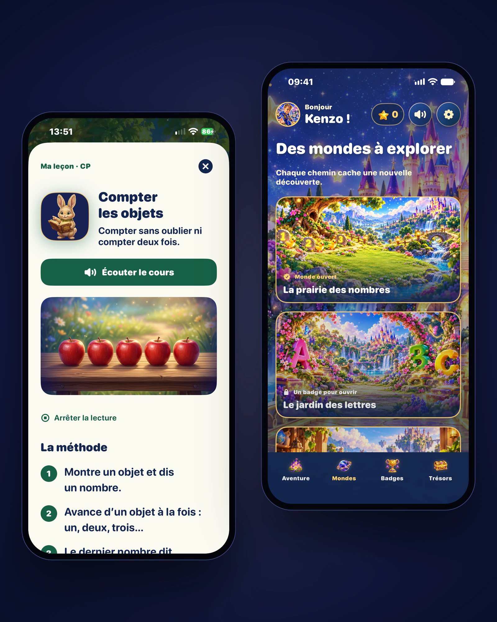 Deux écrans réels de l’iPhone côte à côte : une leçon et un mini-jeu