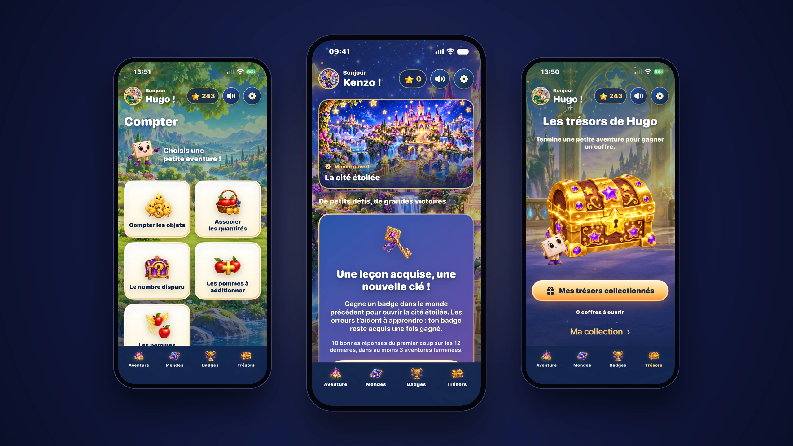 Trois écrans réels de l’iPhone : la cité étoilée, le mini-jeu avec Milo et la collection de Hugo