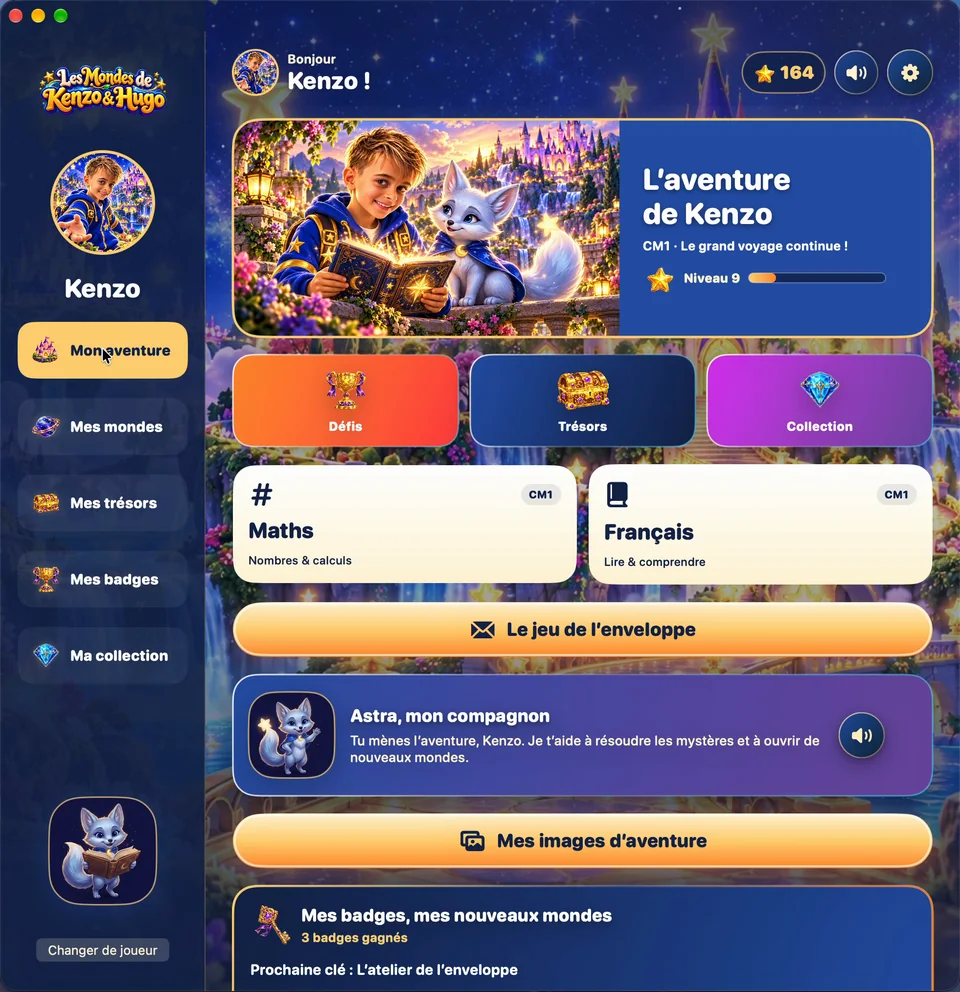 Défilement de l’aventure, puis les mondes, les badges et la collection