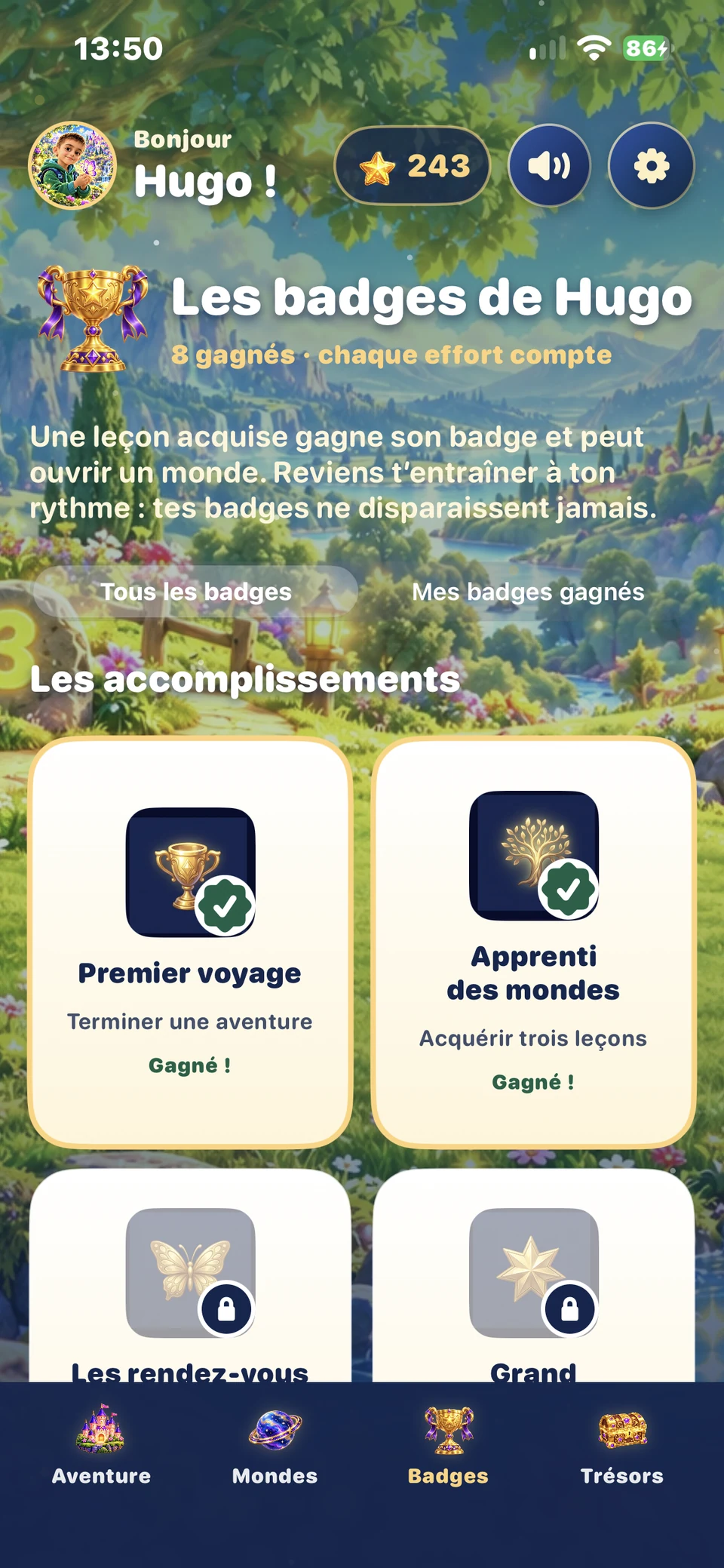 Hugo a déjà gagné huit badges sur iPhone
