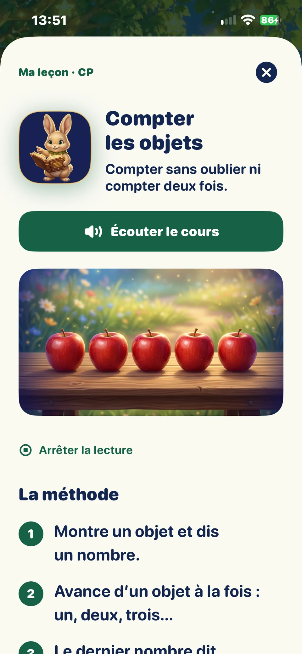 Leçon de comptage sur iPhone, méthode illustrée avec Milo