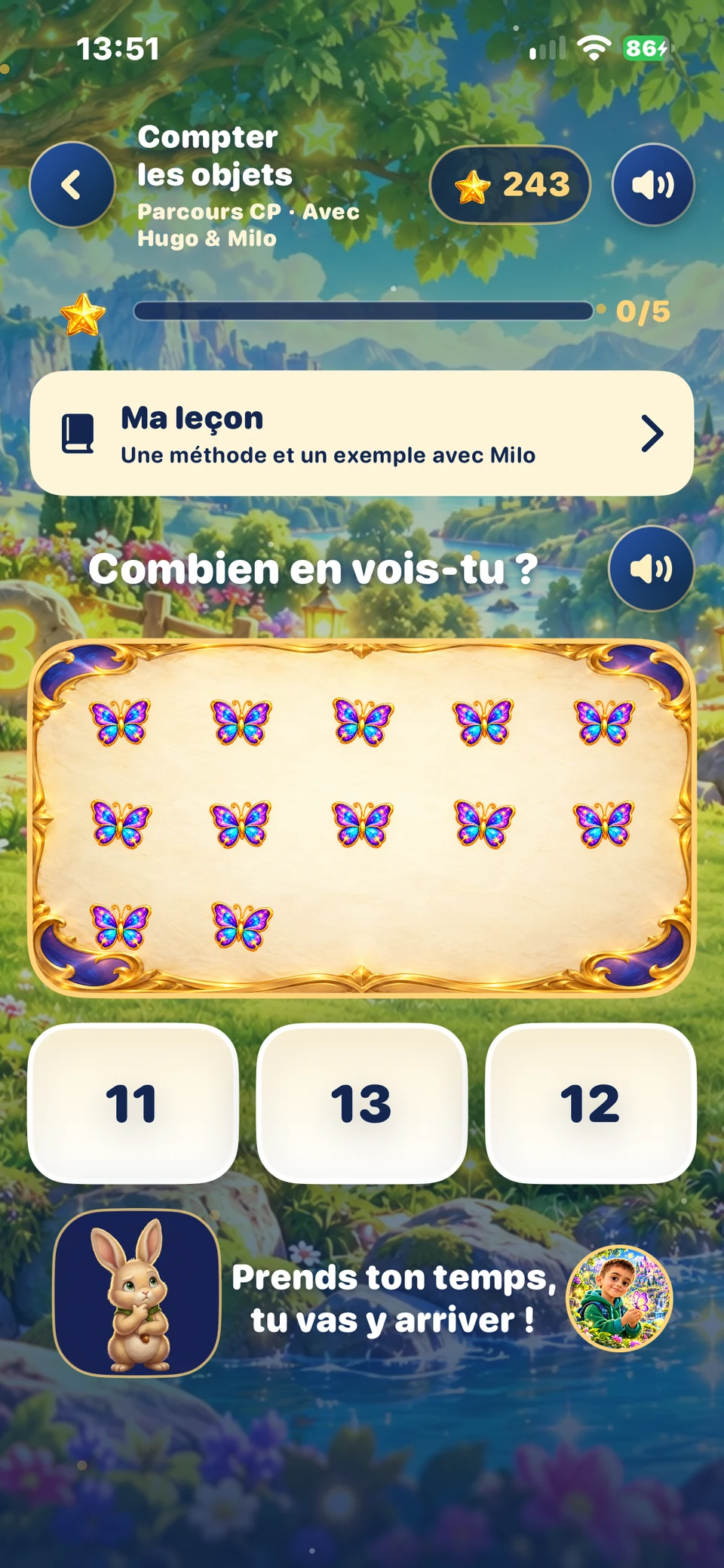 Mini-jeu de comptage sur iPhone avec Milo, sans réponse sélectionnée
