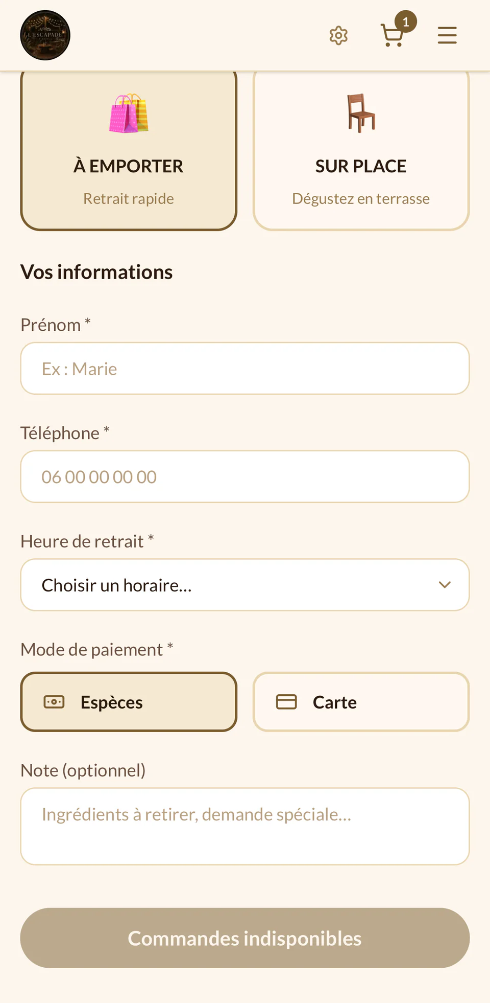 Formulaire de commande vide et bouton « Commandes indisponibles » désactivé