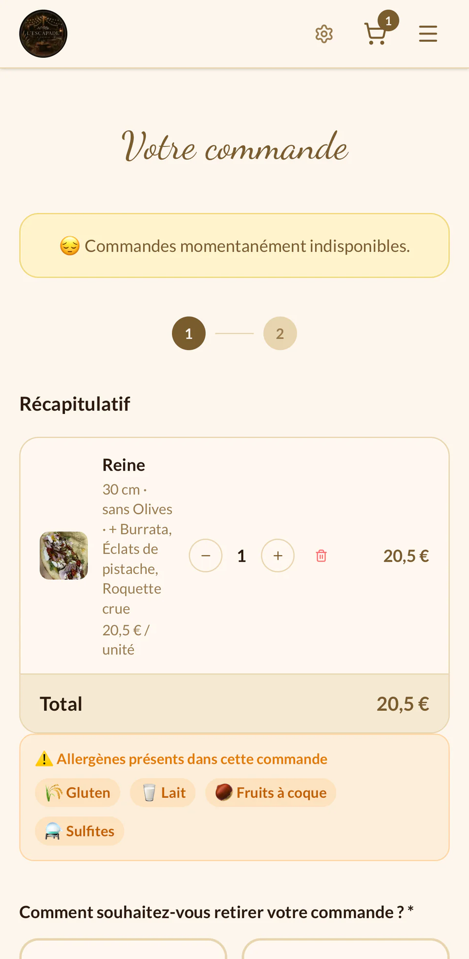 La page de commande : « Commandes momentanément indisponibles », récapitulatif et allergènes