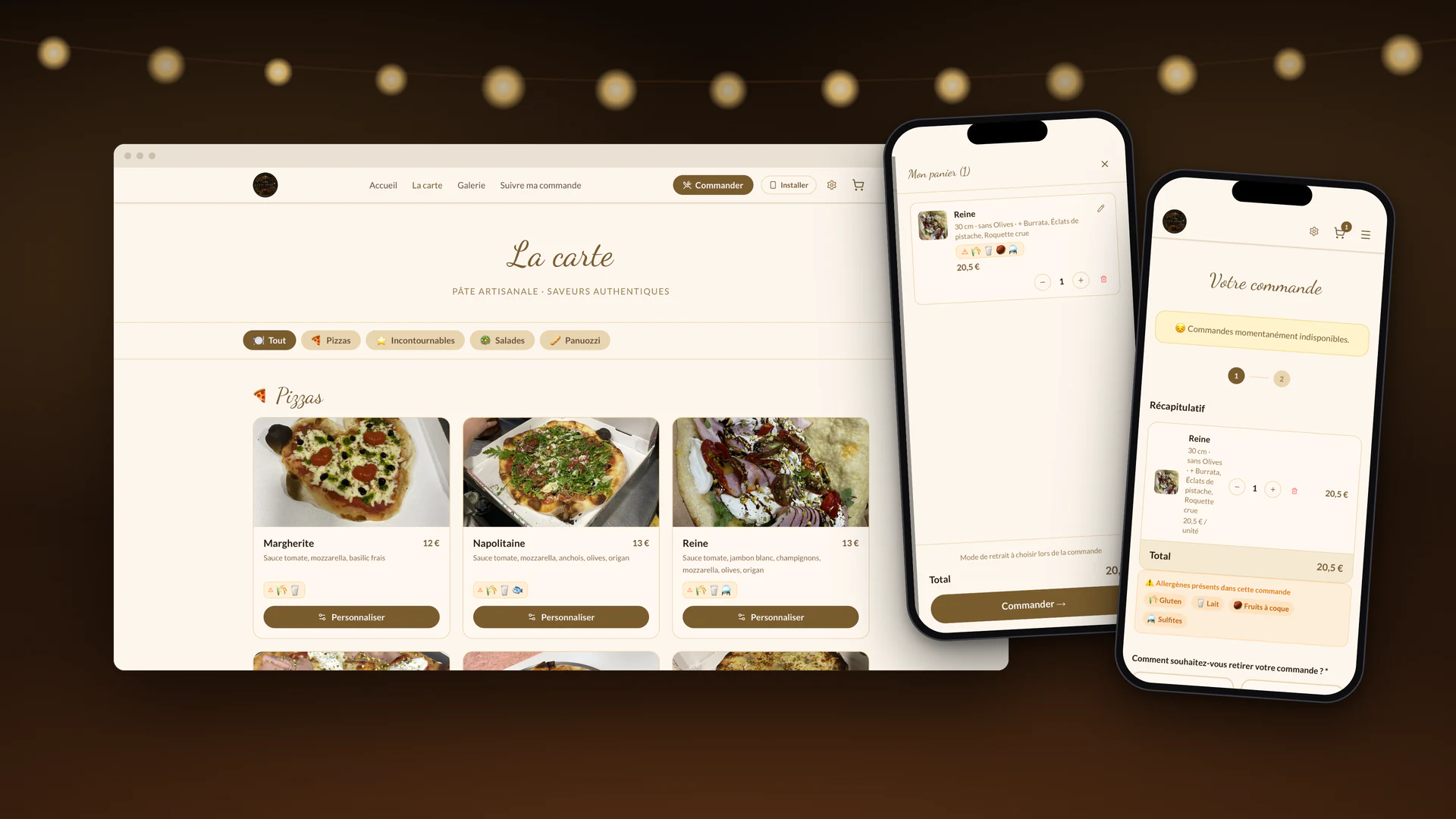 La carte sur ordinateur, le panier et la page de commande désactivée sur iPhone