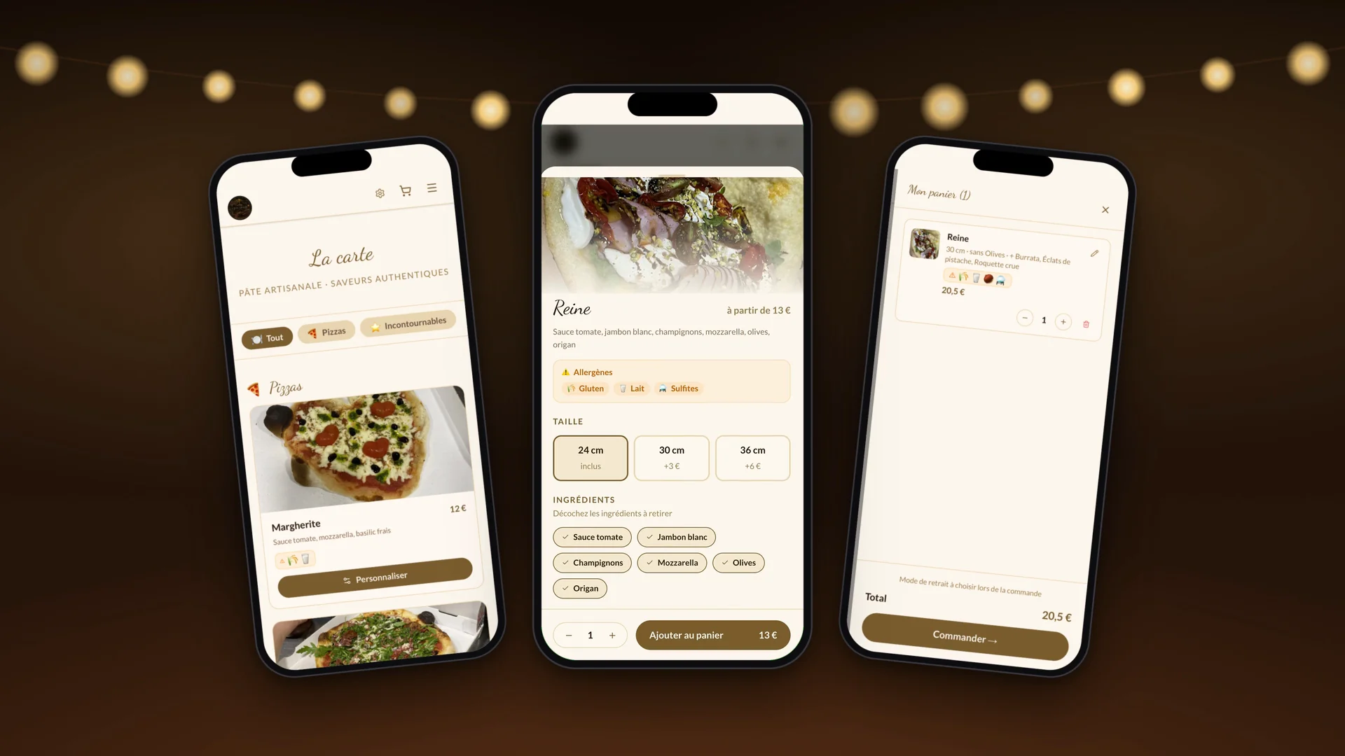 Parcours réel sur iPhone : accueil, carte, personnalisation, panier, puis page de commande désactivée