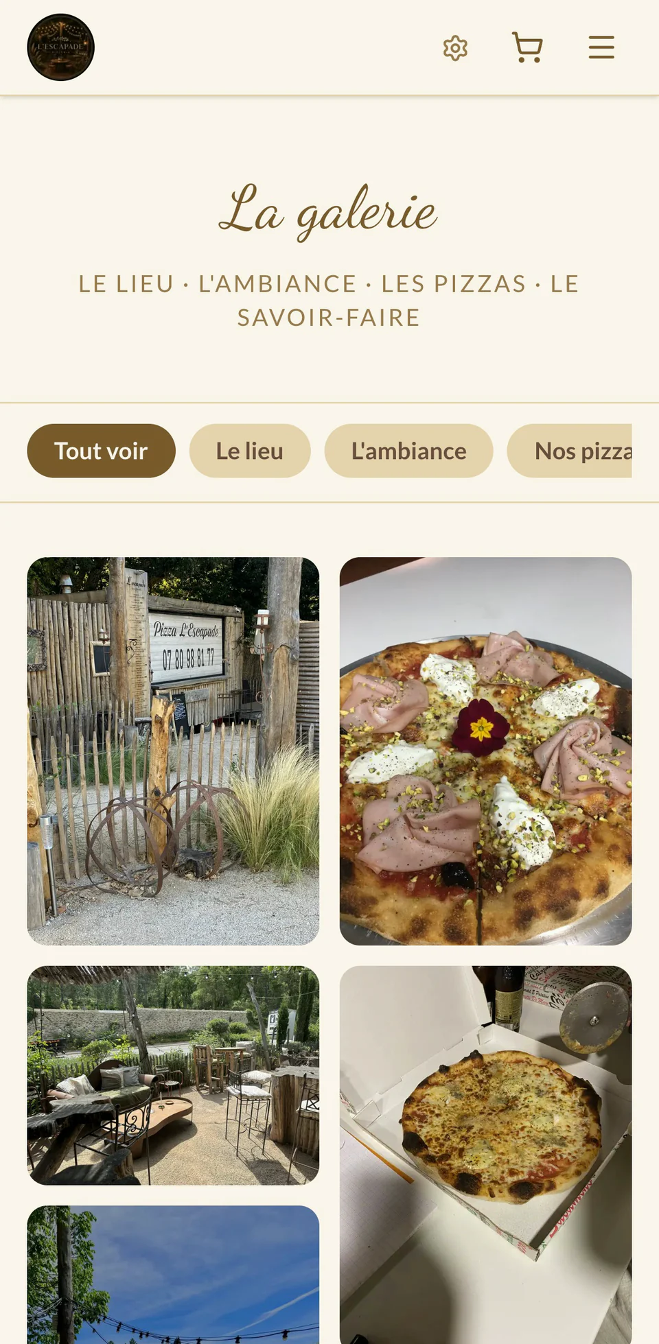 Galerie : filtres Le lieu, L’ambiance, Nos pizzas, puis visionneuse photo