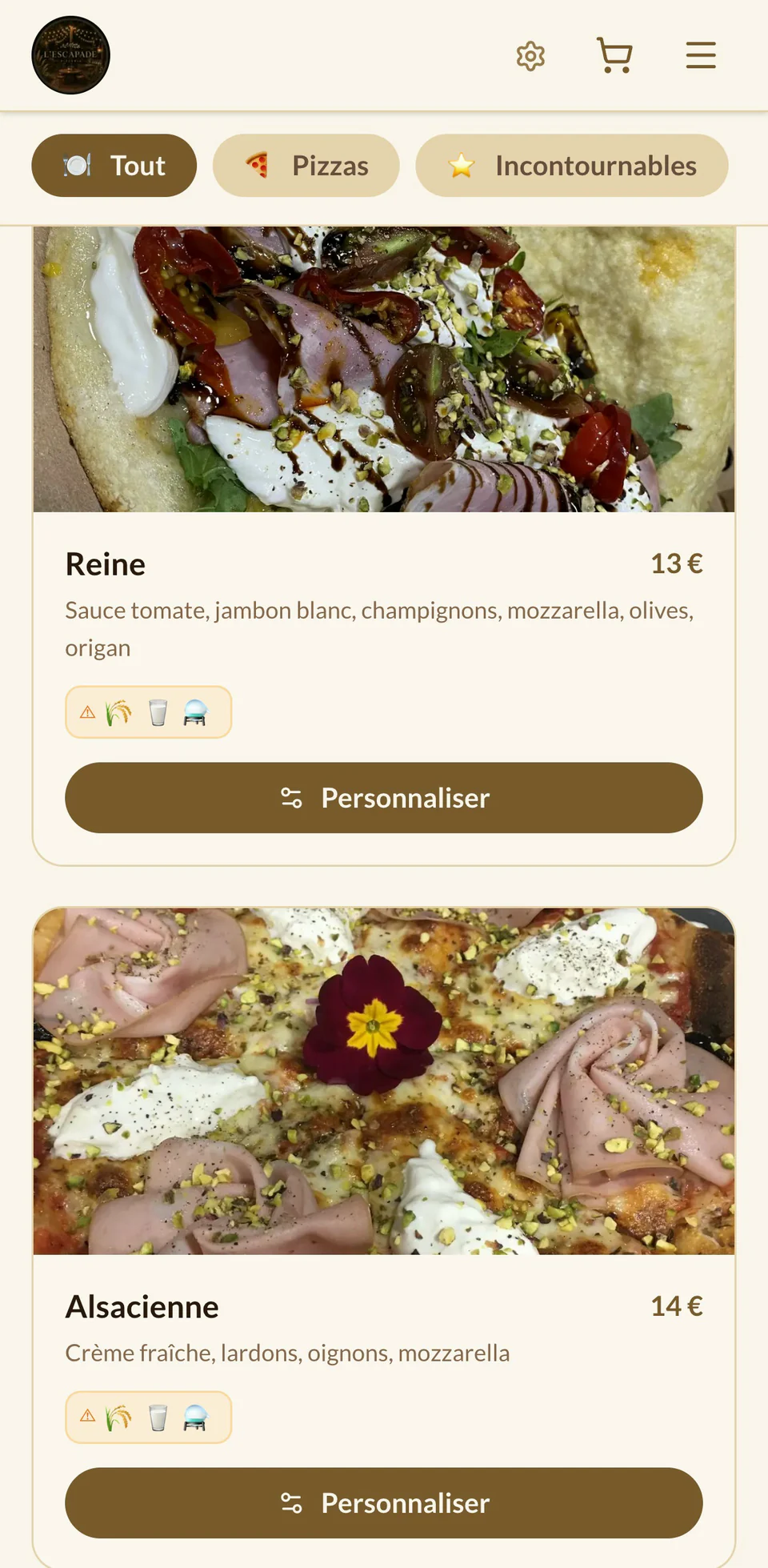 Personnalisation de la Reine sur iPhone : 30 cm, sans olives, burrata, éclats de pistache et roquette, prix recalculé