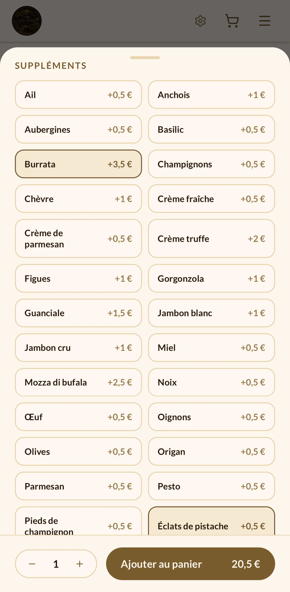 Suppléments burrata et éclats de pistache sélectionnés, prix à 20,50 €