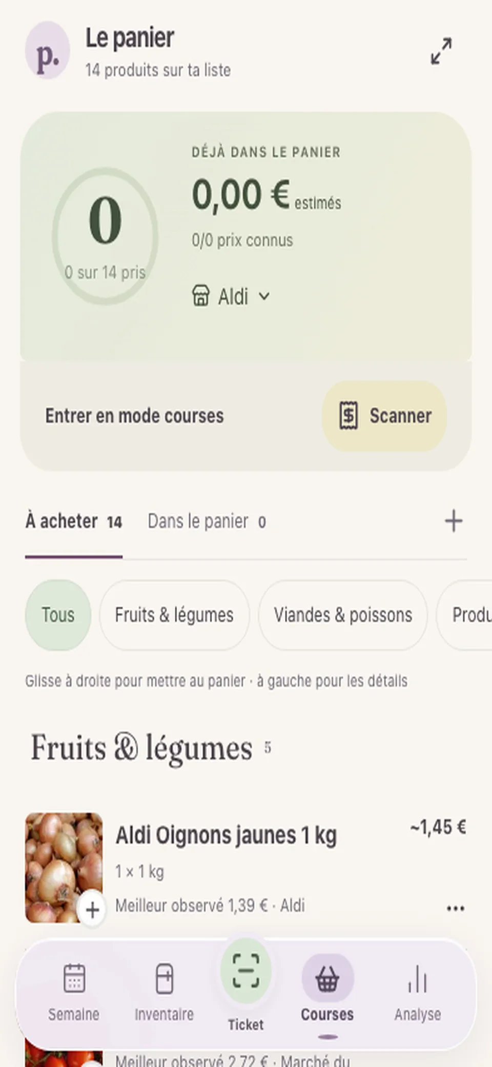 Liste de courses classée par rayon avec filtres