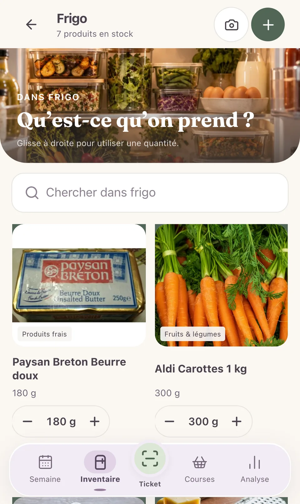 Le frigo et ses produits, avec leurs quantités
