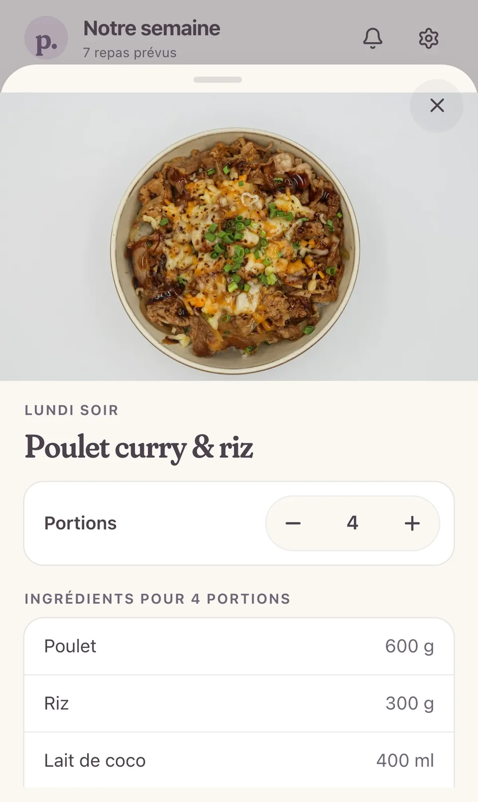 Fiche d’un repas avec le choix des portions et les ingrédients recalculés