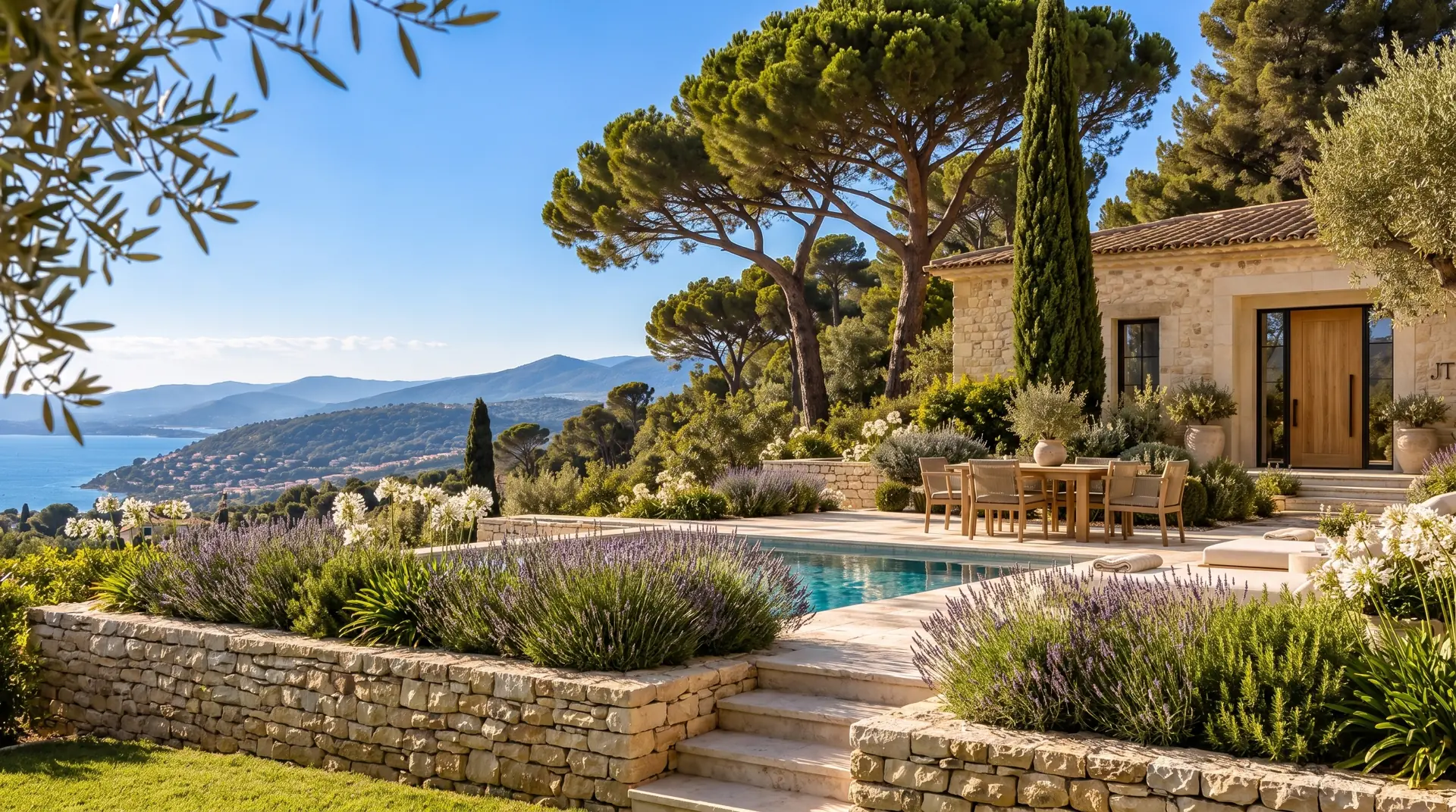 Le jardin et la piscine de la villa Junovatech, au-dessus de la mer