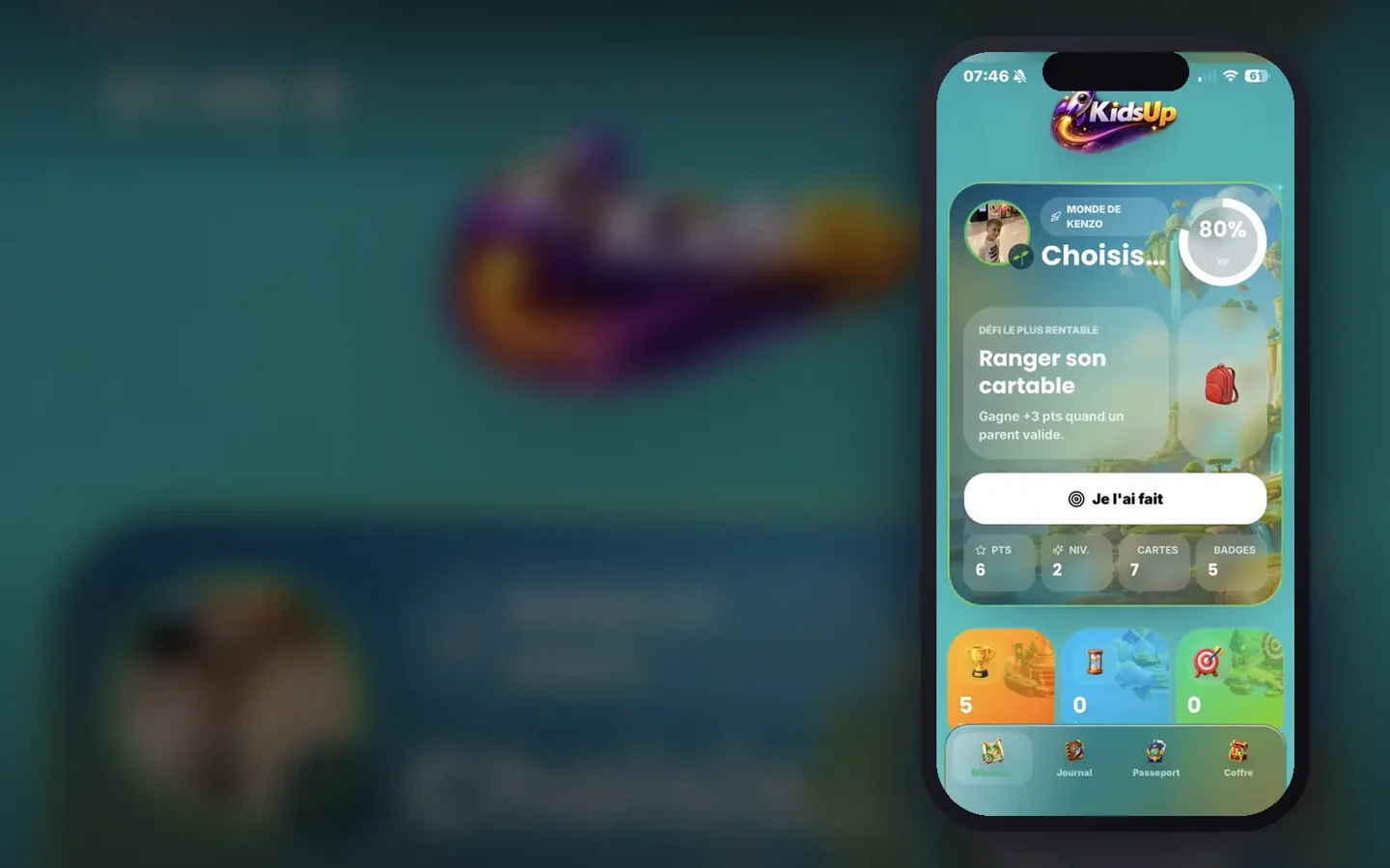 Vue de l’interface KidsUp : missions et progression